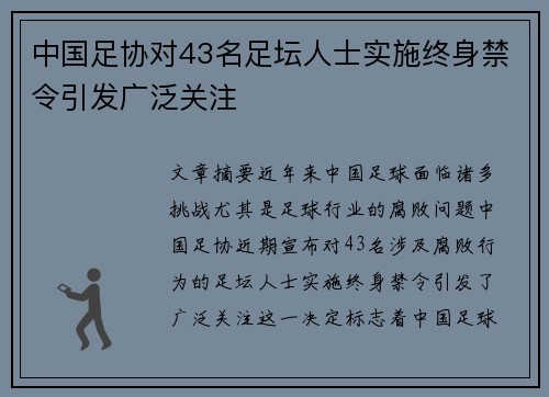 中国足协对43名足坛人士实施终身禁令引发广泛关注 中国足协对43名足坛人士实施终身禁令引发广泛关注